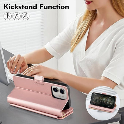 Antsturdy Compatible with iPhone 12 mini Wallet Case,RFID Blocking PU Leather Phone Case Women Men Kickstand Flip Cover Wrist Strap Zipper Credit Card Holder Slots,for Apple 12 mini,Rose Gold