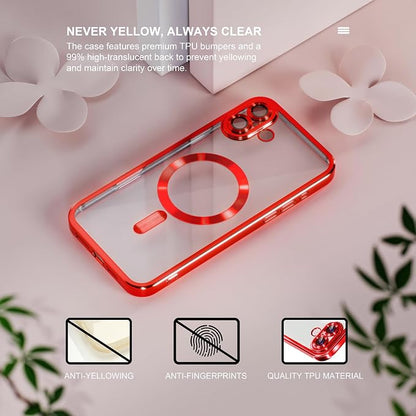 Misea Magnetic for iPhone 16 Case Compatible with MagSafe [Never Yellowing] [Military Grade Drop Protection] Full Camera Lens Protector Plating Soft Clear Phone Case for Women 6.1 inch, Red