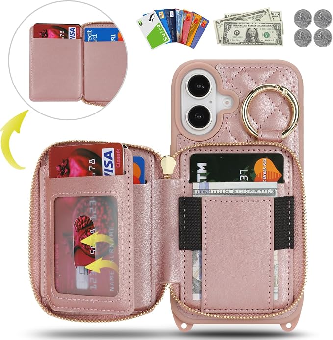 Crossbody Wallet Case for iPhone 17, PU Leather Zipper Handbag Purse Flip Cover, Kickstand Folio Case with Card Slots Holder Wrist Strap Lanyard 5G 6.3 Inch-Rose Gold