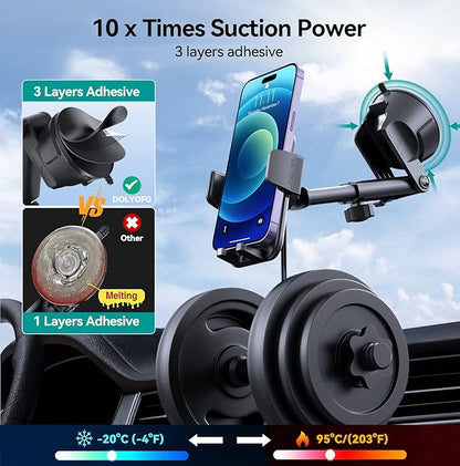Car Phone Holder Mount, [Military-Grade Suction & Super Sturdy Base] 3 in 1 Universal Phone Mount for Car Dashboard Windshield Air Vent Dash Pad Car Mount for iPhone Android Smartphone