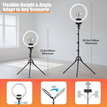 ALTSON 14'' Selfie Ring Light with 63'' Tripod Stand & Phone Holder, Dimmable LED Phone Ring Light for Video Recording/Live Streaming/Makeup/YouTube/TikTok, Circle Light with Remote for Phone&Camera