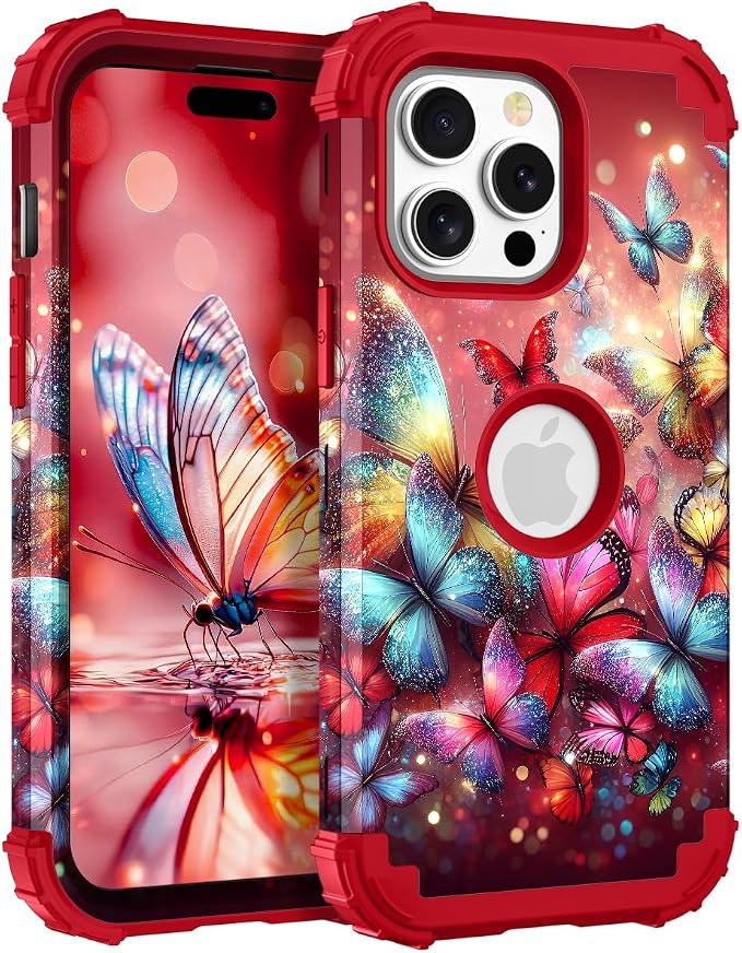 Hocase for iPhone 15 Pro Case, Heavy Duty Shockproof Protection Soft Silicone Rubber Bumper+Hard Plastic Hybrid Protective Case for iPhone 15 Pro 6.1" 2023 - Shimmering Butterflies in Red