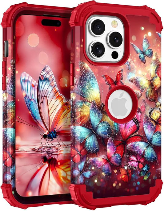 Hocase for iPhone 15 Pro Max Case, Heavy Duty Shockproof Protection Soft Silicone Rubber Bumper+Hard Plastic Hybrid Protective Case for iPhone 15 Pro Max 6.7" 2023 - Shimmering Butterflies in Red