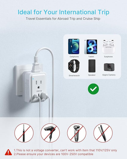 3 Pack European Travel Plug Adapter, VINTAR Foldable International Plug Adapter with 2 AC Outlets and 3 USB Ports(2 USB C),Type C Plug Travel Essentials to Most Europe EU France Germany Spain Italy