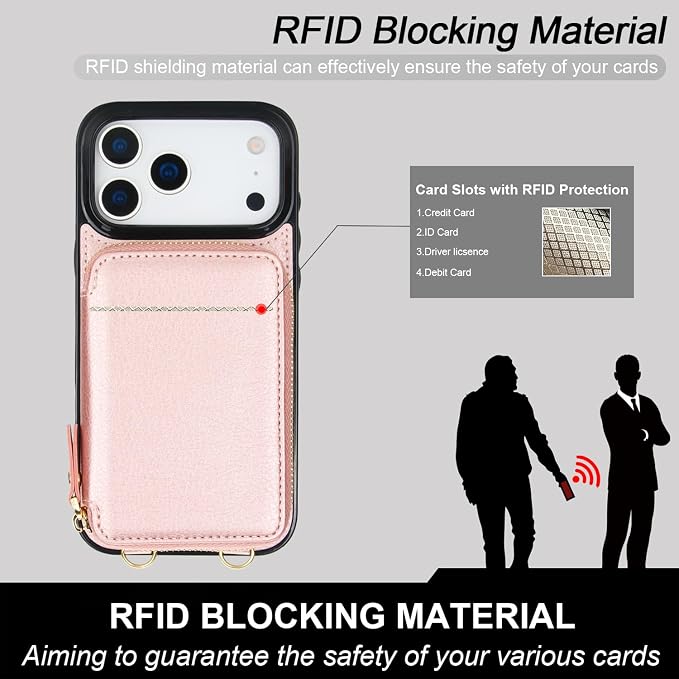 Bocasal Crossbody Wallet Case for iPhone 17 Pro Max, RFID Blocking Leather Purse Case with Card Holder, Protective Handbag Flip Cover with Zipper Wrist Strap Lanyard for Women 5G 6.9 Inch (Rose Gold)