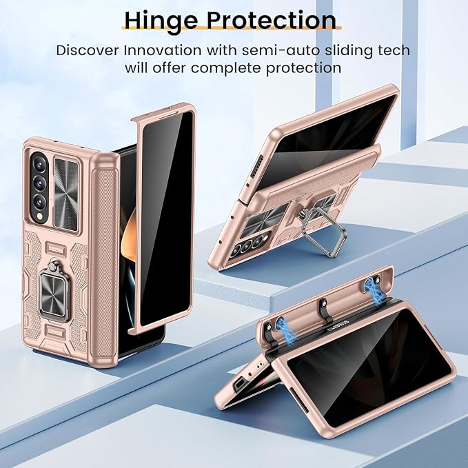 VEGO for Galaxy Z Fold 4 Case with Kickstand Built-in Screen Protector | Anti-Peeping & Anti-Scratches[Slide Lens Cover][Hinge Protection]Full Body Shockproof Phone Case for Samsung Fold 4-Rose Gold