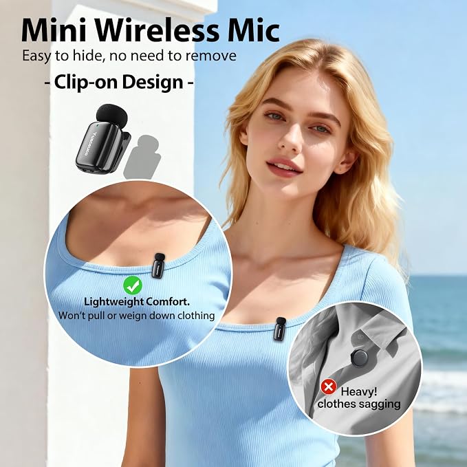 Mini Wireless Lavalier Microphone for iPhone ipad Android, Noise Reduction and Mute, 33h Charging Case, AI Voice Changer, 131FT Range, Mini Lapel Mic for Video Recording, Vlogging, YouTube