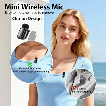Mini Wireless Lavalier Microphone for iPhone ipad Android, Noise Reduction and Mute, 33h Charging Case, AI Voice Changer, 131FT Range, Mini Lapel Mic for Video Recording, Vlogging, YouTube