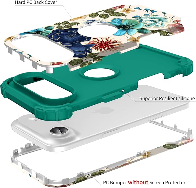 Hocase for iPhone Air Case 6.5", Heavy Duty Shockproof Protection Soft Silicone Rubber+Hard Plastic Bumpers Hybrid Protective Case for iPhone Air 2025 - Teal Flowers