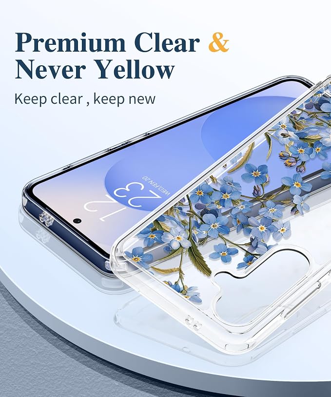 GVIEWIN for Samsung Galaxy S25 Case, Clear Floral Slim Shockproof Protective Women Phone Case, Non-Yellowing, with Screen Protector & Camera Lens Protector for Galaxy S25 6.2", Aconite/Blue