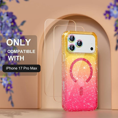 Choiche Magnetic for iPhone 17 Pro Max Case Compatible with MagSafe, Women Cute Glitter Sparkly Phone Case with Diamond Camera Lens Protectors, Military-Grade Drop Protection 6.9" (Gold/Pink)
