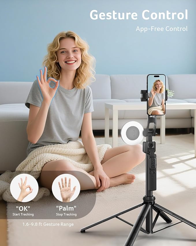 Acer Gadget Auto Face Tracking Tripod for iPhone/Cell Phone/Android/Camera with Light and Remote, 64", No App, 360°Rotating Tripod Selfie Stick for Tiktok YouTube Vlog Live Streaming Video Recording