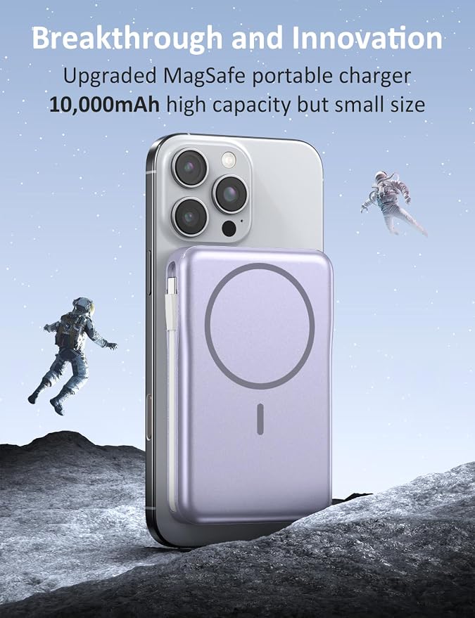 Magnetic Portable Charger, 10000mAh Power Bank, 5 in 1 Portable Charger with Built in Cable, 20W Fast Charging for Magsafe Battery Pack Compatible with iPhone 17/16/15/14/13/12 Pro/Pro Max-Lavender