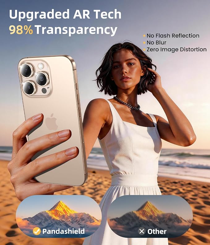 PandaShield 2-Pack Anti-Reflection Camera Lens Protector for iPhone 17/16/15 Pro & Pro Max, Easy Installation,9H Hardness,98% Ultra Clarity,Maintains Original Lens Design- Glitter Desert Titanium