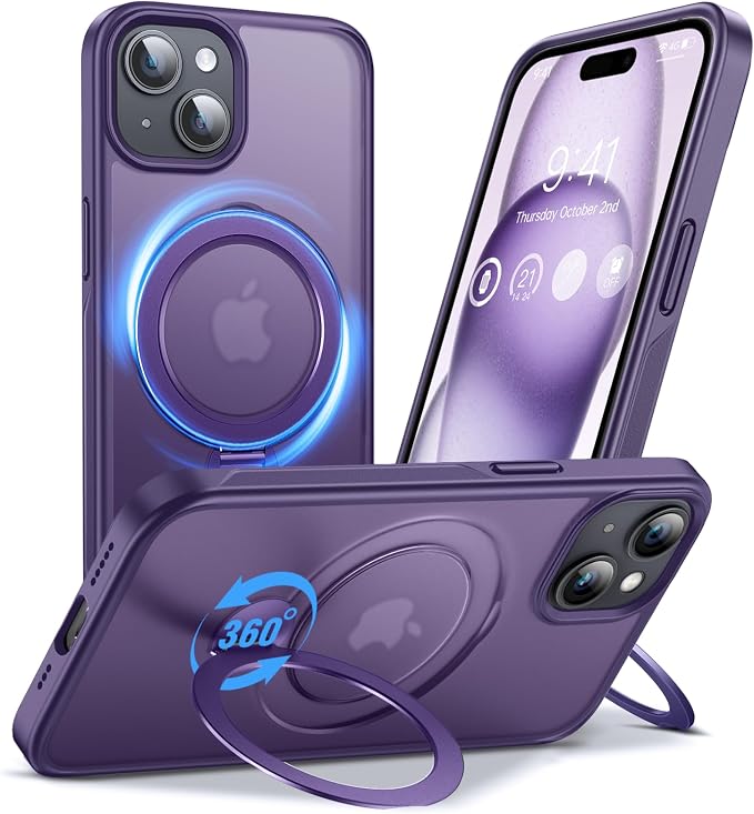 Anqrp 360° All-in-ONE Stand Case for iPhone 15 Case with Rotatable Magnetic Kickstand Ring Holder, Compatible with MagSafe, MIL-Grade Shockproof iPhone 15 Phone Case Cover 6.1 inch, Purple