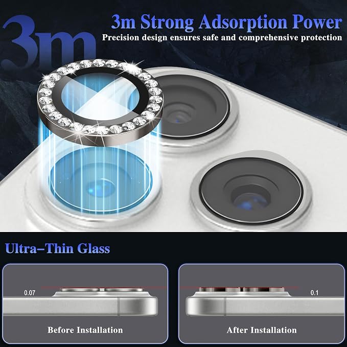 ShinKin Camera Lens Protector for iPhone 17 Pro/iPhone 17 Pro Max, Glitter Camera Cover, 9H Tempered Glass Individual Metal Ring Camera Protector for iPhone 17 Pro/17 Pro Max (Diamond - Gray)