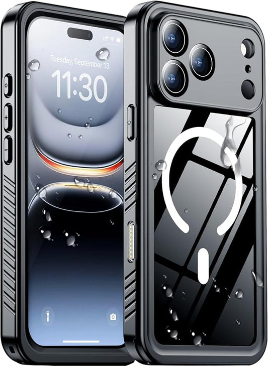 Temdan Magnetic Compatible with iPhone 17 Pro Case,Waterproof Built-in Screen & Camera Protector IP68 Underwater Full Body 17FT Military Dropproof Shockproof Phone Case 6.3"-Mag/Black