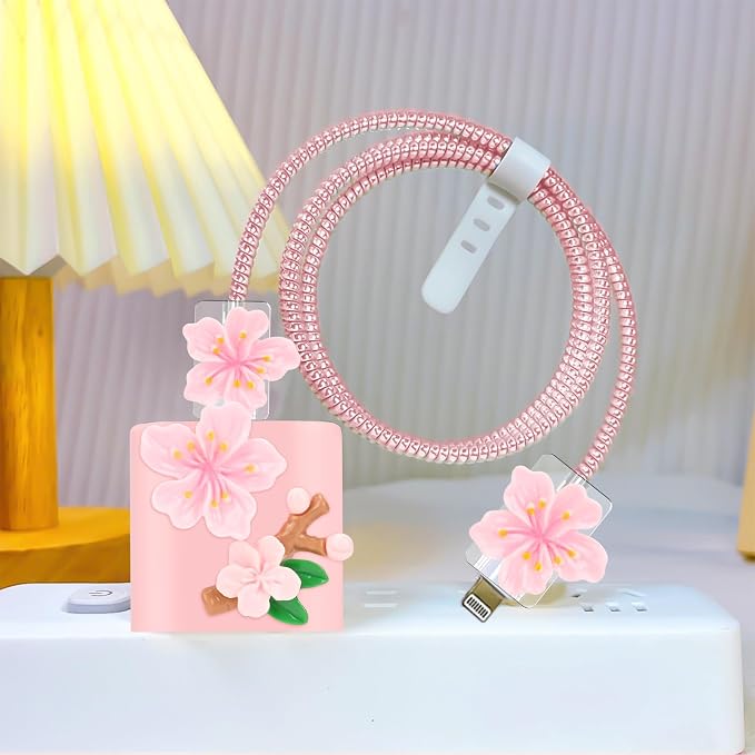 CameCosy Phone Charger Storage Case Cover Sets with Cute Cable Protector for iPhone Charger, Wave Travel Storage Bag, Earphone Wire Saver Cable Organizer Soft Cute Cable Protector (Pink Flowers)