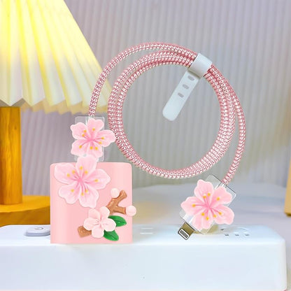 CameCosy Phone Charger Storage Case Cover Sets with Cute Cable Protector for iPhone Charger, Wave Travel Storage Bag, Earphone Wire Saver Cable Organizer Soft Cute Cable Protector (Pink Flowers)