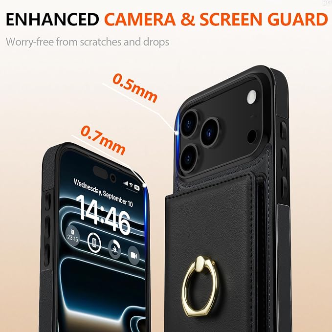 LOHASIC for iPhone 17 Pro Case Wallet with Card Holder, 360° Rotation Ring, RFID Blocking, 5 Card Slots, PU Leather 6.3" Cover for Apple 17 Pro Men Women, Black