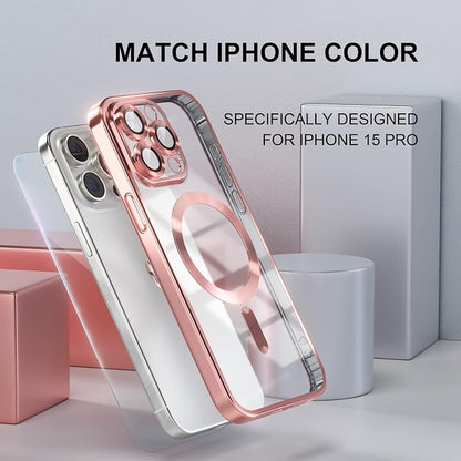 Misea Magnetic for iPhone 15 Pro Case Compatible with MagSafe [Never Yellowing] [Military Grade Drop Protection] Full Camera Lens Protector Plating Soft Clear Phone Case for Women Girls, Pink