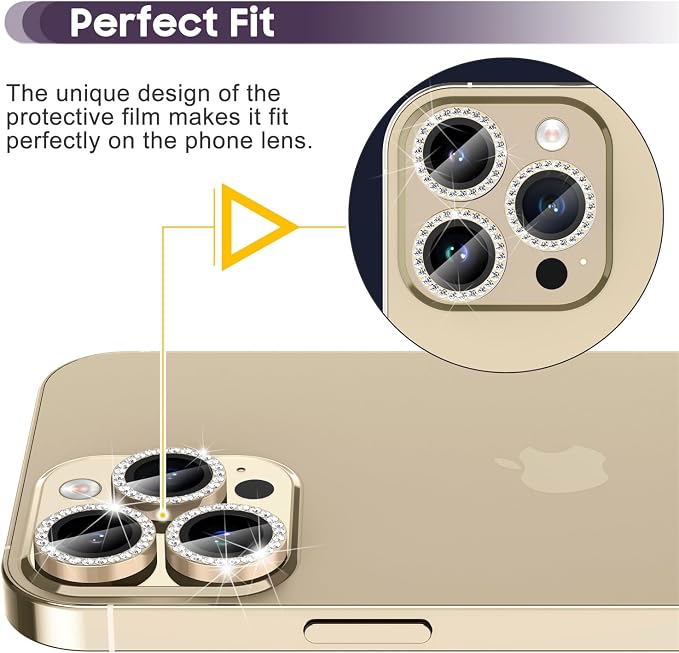 Suoman for iPhone 14 Pro Max / 14 Pro Camera Lens Protector, [Diamonds Bling] 9H Tempered Glass, Full Coverage Metal Protective Cover- Diamond Gold