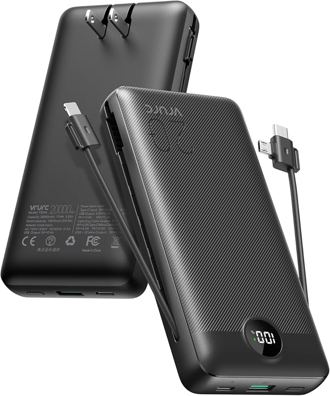 VRURC Portable Charger 20000mAh, Fast Charging Power Bank USB C,4 Output 2 Input Travel Essentials Charging Bank Equipped with LED Display,Built-in Wall Plug and Cables,Phone Charger Battery,Black