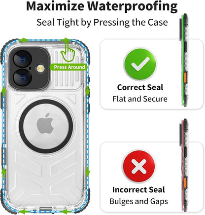 for iPhone 16 Waterproof Case, Compatible with MagSafe, IP68 Built-in Camera Control, Military Shockproof & Screen Protector for Water Sports, 6.1 Inch Frosted Black