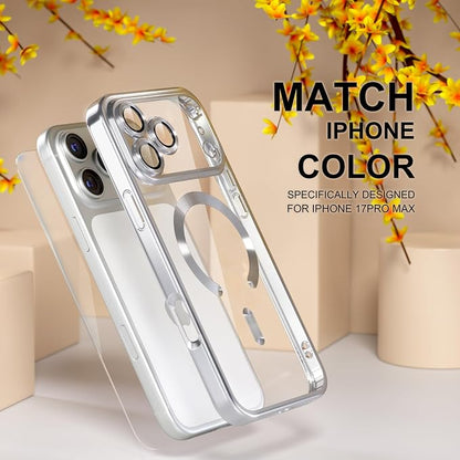 Misea Magnetic for iPhone 17 Pro Max Case Compatible with MagSafe [Never Yellowing] [Military Grade Drop Protection] Full Camera Lens Protector Plating Soft Clear Phone Case for Women, Silver