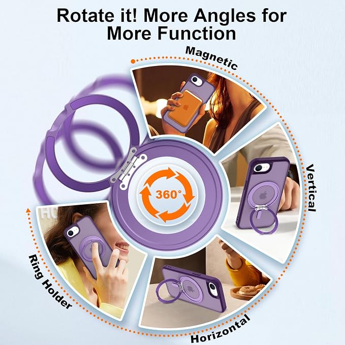 360° Magnetic Swivel Ring for iPhone 16E & 17E Case, Built-in Metal Stand and Ring Holder, Magsafe Compatible, Military Grade Protection, Shockproof - Purple