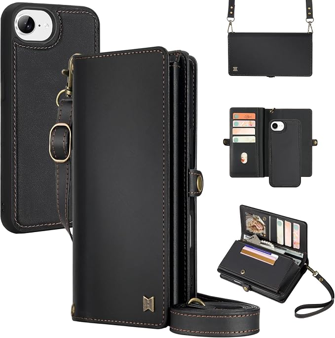 for Wallet Case Compatible with iPhone 16e / 17e ,Multi-Function Detachable 2 in 1 Magnetic iPhone 16e / 17e Case Wallet,Flip Strap Zipper Card Holder Phone Case with Shoulder Straps (Black)