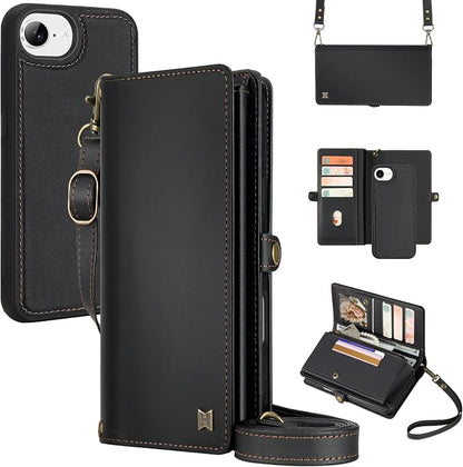 for Wallet Case Compatible with iPhone 16e / 17e ,Multi-Function Detachable 2 in 1 Magnetic iPhone 16e / 17e Case Wallet,Flip Strap Zipper Card Holder Phone Case with Shoulder Straps (Black)