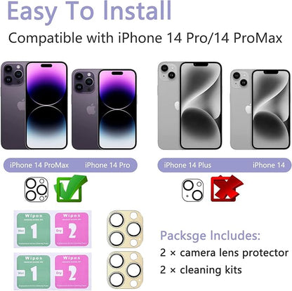 2 Pack Camera Lens Protector for iPhone 14 Pro/14 Pro Max,Metal AR Tempered Glass Rear Camera Screen Cover,Anti-Scratch,Strong Adsorption,Case Friendly, Easy to Install-Gold