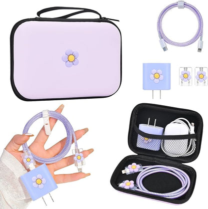 CameCosy DIY Phone Charger Case Storage Set with Earphone Wire Saver and Lovely Cable Storage Bag, Cute Charger Protector Cord Organizer for iPhone (Purple Flower)
