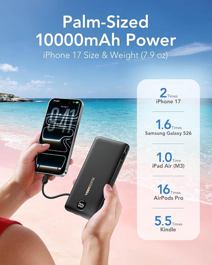 VEEKTOMX Portable Charger with Built in Cables 10000mAh, Power Bank for iPhone with AC Wall Plug, Fast Charging USB C Slim Battery Pack with LED Display Compatible with iPhone 17/16/15, Samsung