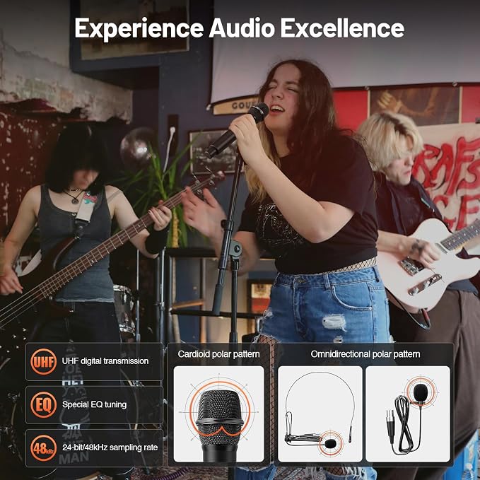 4-Channel Wireless Microphone System,UHF Cordless Mic Set w/ 4x10 Frequencies, 200ft, 2 Handheld Dynamic Mics, 2 Bodypacks & Headset/Lapel Microphones for Singing, Karaoke, DJ (MWM-41-2H2B)