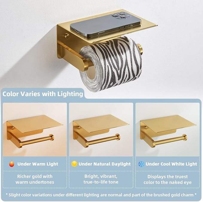 APLusee Brushed Gold Toilet Paper Holder with Shelf, 304 Stainless Steel Wall Mounted Compact Bathroom Tissue Hanger