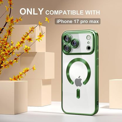 Misea Magnetic for iPhone 17 Pro Max Case Compatible with MagSafe [Never Yellowing] [Military Grade Drop Protection] Full Camera Lens Protector Plating Soft Clear Phone Case for Women, Green