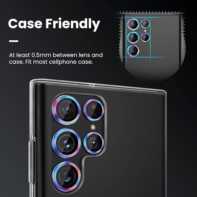 Tensea [3+2PCS for Samsung Galaxy S22 Ultra Camera Lens Protector, 9H Tempered Glass Camera Cover Screen Protector Metal Individual Ring, S22 Ultra 5G 2022 [Installation Tray][Removal tool]- Colorful
