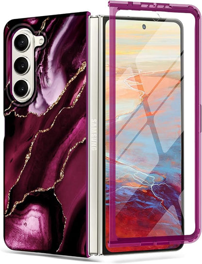 Btscase for Samsung Galaxy Z Fold 5 Case,Built in Front Screen Protector,Gold Glitter Marble Pattern Hard PC Slim Shockproof Full Body Drop Protective Case for Galaxy Z Fold 5 5G, Wine Red