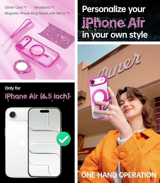 Meifigno Designed for iPhone Air Case with Ring Stand (6.5"), [Built-in Mirror] [Compatible with MagSafe] [Glitter Card & Wrist Strap] Removable Phone Stand +Designed for iPhone 17 Air Case, Hot Pink