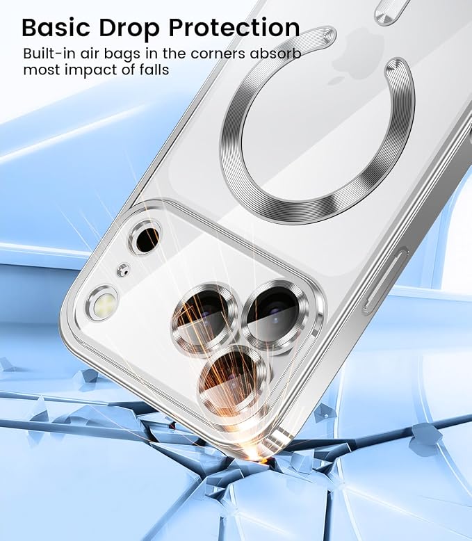 Slim Thin for iPhone 17 Pro Max Case Clear, Compatible with MagSafe, Built-in Camera Lens Protector, Non Yellowing Shockproof Protective Phone Case, Soft Electroplated Magnetic Cover, Sliver