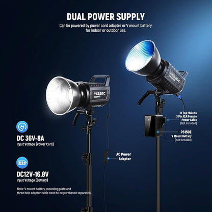 NEEWER 230W High Power RGB LED Video Light, APP/2.4G Control, 2500K-7500K 23000lux/1m COB Continuous Output Lighting, 17 Effects CRI95+ Bowens Spotlight for Studio Photography Video Recording, FS230C