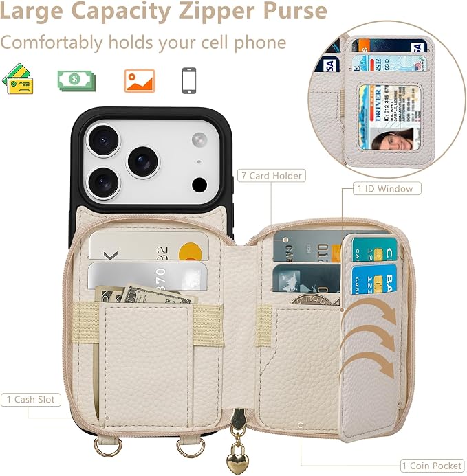 Keallce Case for iPhone 17 Pro 6.3'' Case Wallet, Crossbody Zipper Purse with RFID Blocking Card Slots Kickstand, Lanyard & Handstrap Flip Folio Leather Phone Cover for iPhone 17 Pro, Beige