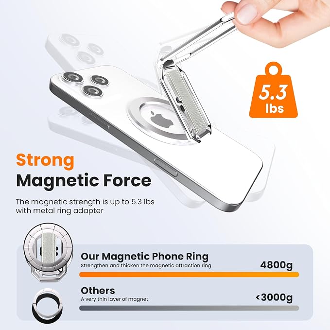 Magnetic Phone Grip & Stand for Desk, Bed & On-the-Go – Compatible with MagSafe – Secure One-Hand Hold, Comfortable Scrolling, Hands-Free Video Calls (Silver)