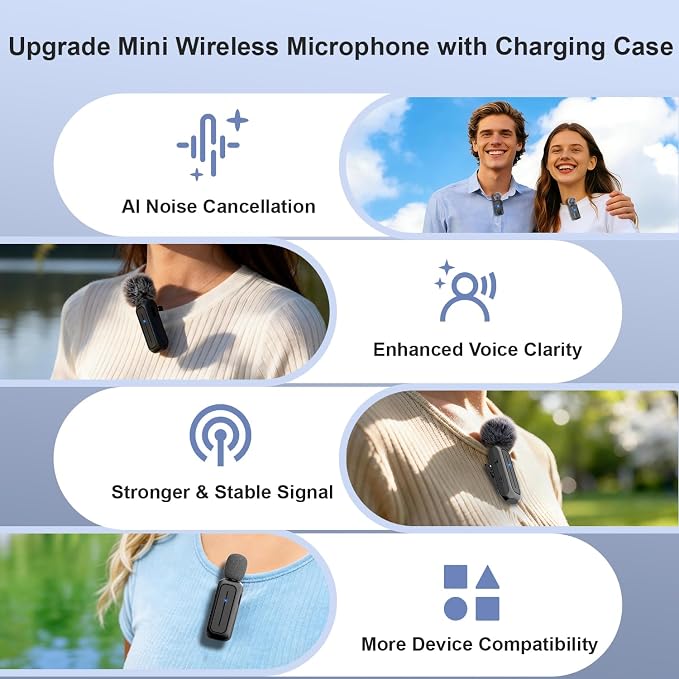 2-Pack Wireless Mini Lavalier Lapel Microphone for iPhone,Android Phone w/ Charging Case - 65ft Cordless Clip on Dual Mics with Noise Reduction 6H Working Time for Video Recording Vlogging,YouTube