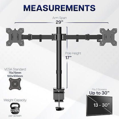 VIVO Dual Monitor Desk Mount, Holds 2 Computer Screens up to 30 inches and 22lbs Each, Heavy Duty Fully Adjustable Steel Stand with C-Clamp and Grommet, Black, STAND-V002