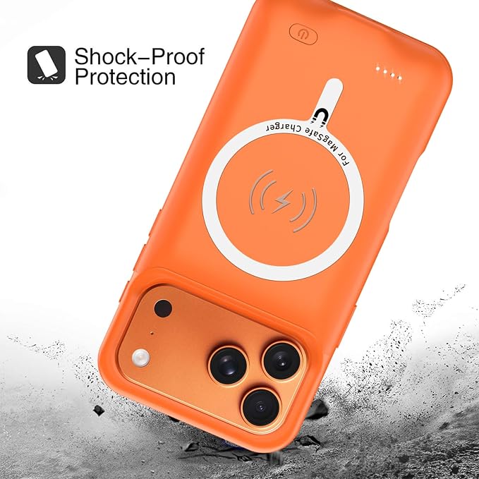 Battery Case for iPhone 17 Pro, 10000mAh Pack Rechargeable Charger Case Support Carplay with Wireless Charging Compatible for iPhone 17 Pro (6.3 inch) External Battery Charging Cover (Orange)