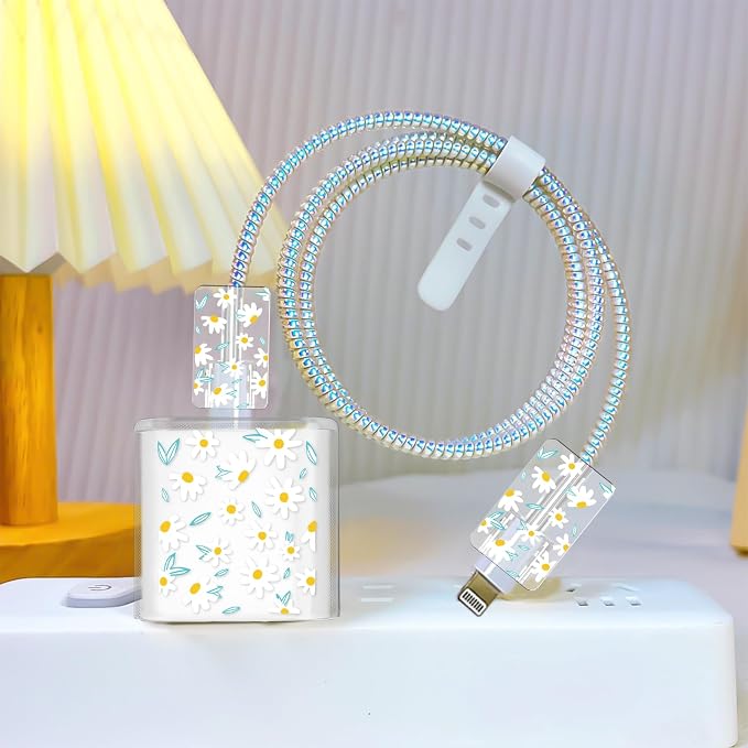 Phone Charger Case Storage Set with Chrysanthemum Cable Protector with Carrying Cable Case Bag,Cord Organizer, USB Earphone Wire Saver Organizer Charger Protector for iPhone (Blue Chrysanthemum)