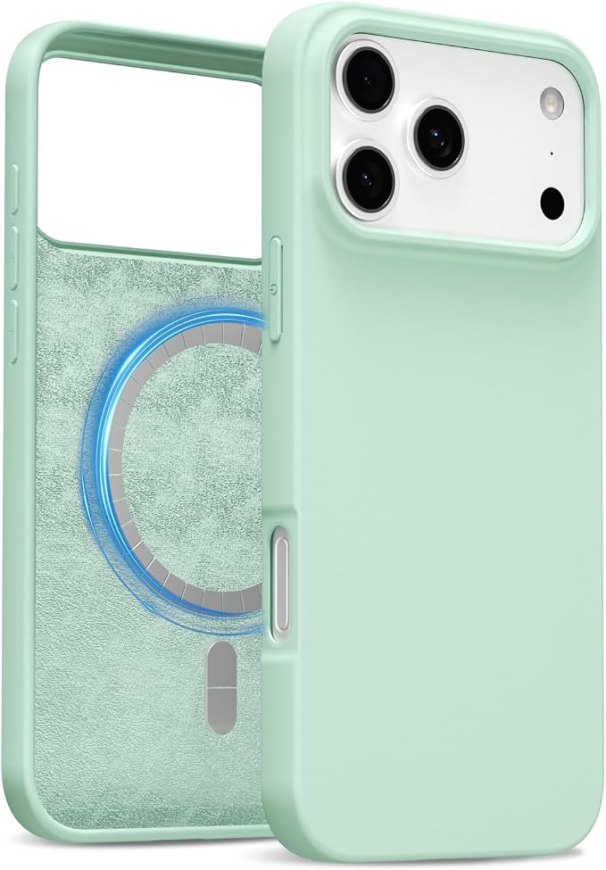 for iPhone 17 Pro Case Silicone Compatible with Magsafe Case, Ultra Slim Thin Magnetic Phone Cases Mag Safe, Cute Soft Rubber Gel TPU Matte Plain Wireless Charging Cover for Women, Mint Green
